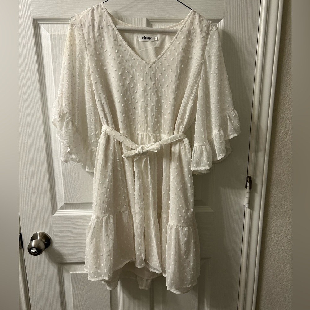 White Bridal Polka Dot Texture V-Neck Flowy Dress